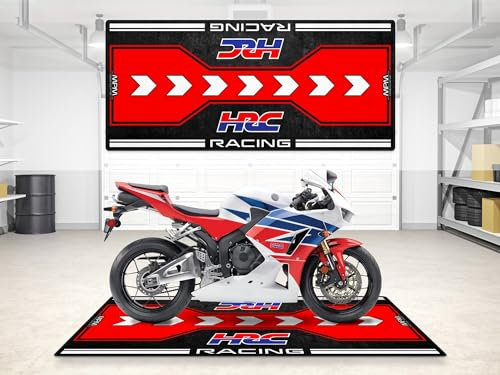 wibeart MPM Motorradmatte im HRC-Rennstil – waschbare, rutschfeste, öl- und wasserfeste Parkmatte für Garage, Ausstellungsraum und Werkstatt | Größe 2: 102 x 47/260 x 120 cm
