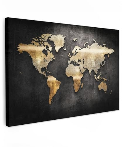 MuchoWow© Impression sur Toile Decoration Murale Peinture 60x40 cm Tableaux Decoratifs Muraux Décoration Chambre Carte du monde - Or - Paillettes - Noir
