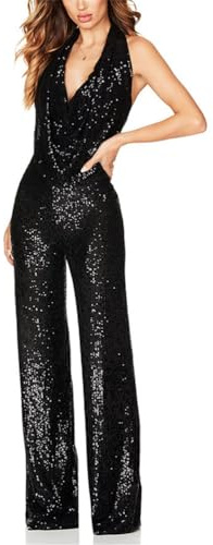 ORANDESIGNE Damen Pailletten Halter Jumpsuits Frauen Sexy Cowl-Ausschnitt Glitzernd Clubwear Ärmellos Elegant Bodycon Weite Hosenbeine Strampler