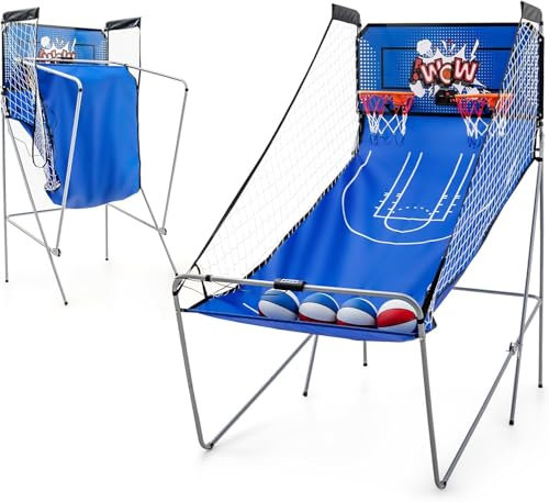 GOPLUS Jeu de Basketball Arcade Pliable, 2 Paniers et 4 Ballons, 8 Modes de Jeux, Capteur Électrique, LED Score, 4 Boutons de Fonctionnement, 207 x 108 x 205CM (Bleu éclair)