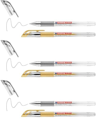 edding 2185 gel roller - gold, silver (metallic) - pack of 6-0.7 mm - gel pen for writing, drawing, colouring mandalas, bullet journals - glitter gel pen, colour gel pen