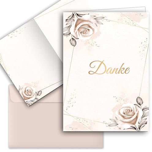 10 Danksagungskarten mit Umschlag Beige Rosen Danke Dankeskarte Klappkarten Dankeschön Hochzeit Feier Jubiläum Feude Trauer Trauerkarten Danksagungskarte Anteilnahme Geschäftlich Taufe