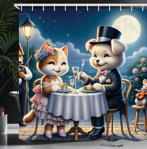 ABAKUHAUS Katze Duschvorhang, Lächelnde glückliche Kätzchenlady und Gentleman Welpen Romantisches Abendessen Druck, Stoffliches Gewebe mit Haken, 175 x 200 cm, Nachtblau Rosen Apricot
