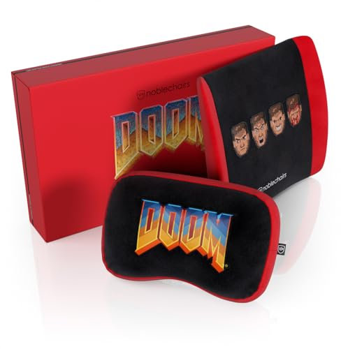 noblechairs Memory Foam Pillow Set – Doom Retro Edition | Offizielles Doom 30th Anniversary Kissen-Set für Gaming-Stühle mit Nacken- & Lendenstütze aus Memory Foam
