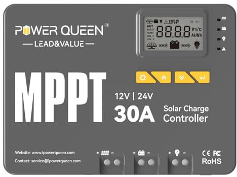 Power Queen Régulateur de charge solaire MPPT 12/24 V 30 A, puissance d'entrée maximale 900 W, module Bluetooth intégré, écran LCD, standard pour batterie LiFePO4 et compatible avec les batteries