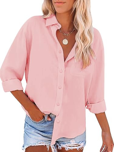 Friptspyg Donna da Camicia Manica Lunghe Scollo a V Chiusura con Bottoni 100% Cotone Casual Blusa con Tasca vestibilità Ampia Versatile per L'Estate, Rosa M