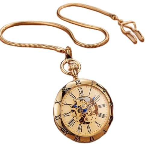 CAFIEDR Taschenuhr Kupfer Silber Automatische Mechanische Taschenuhr Uhr Kettenuhr Herren Römische Zahlen Uhr Taschenuhren Uhr (Gold)