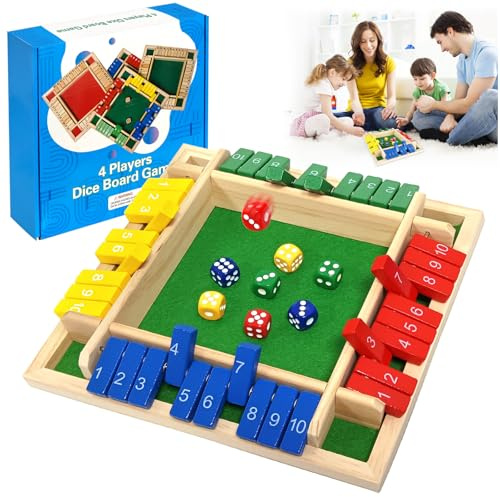 Shut The Box Spiel, 4-Spieler Vierfarbig Holz Brettspiel Mathematik Lernspielzeug für Kinder Urlaub unterhaltsames SpielBar Jahre Würfelspiel Erwachsene für Zuhause Party