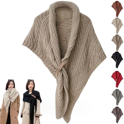 Multifunktionaler Dreieckstuch für Damen, gestrickter Dreieckstuch mit Lederschnalle, modisch, warm, gemütlich, gestrickt, Schultertuch, Umhang (Einheitsgröße, Khaki)