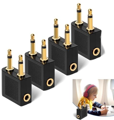 Lunpog Lot de 4 adaptateurs pour casque d'avion plaqué or vers prise jack 3,5 mm pour tous les systèmes Airlines In-Flight Media