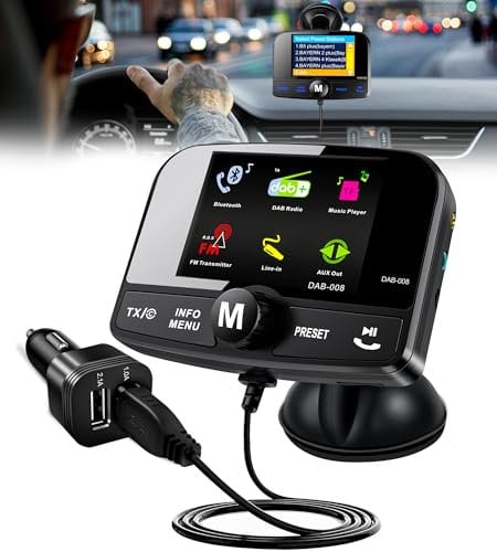 DeeprBetter Car DAB/DAB+ Radio Adapter & Bluetooth FM Transmitter, Auto Scan Stations DAB Adapter, 2.4inch Display Car DAB Receiver with Hands-Free+AUX Out/In+2 USB Port, Support TF Card Music Player