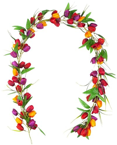 ZHDOKA 6,5 Fuß Künstliche Tulpen-Girlande, Kunstseide-Tulpen-Girlande mit Grünen Blättern, Frühlings-Sommer-Tulpen-Blumengirlande für Tisch, Kaminsims, Hochzeit, Party, Saisonale