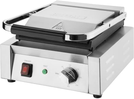 Buffalo Bistro Commercial Single Contact Grill, Flat Cast Iron Plates | Heats up rapidly with a non-stick coating for effortless cleaning and busy professional catering setups.