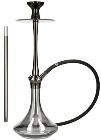 Chicha EL-BADIA® C7 V.2 – 53 cm – Grande Chicha Complète, Vase en Verre Épais, Diffuseur Réversible, Tuyau Silicone & Manche Métal, Foyer – Shisha Luxe Professionnelle (Shiny Carbon)