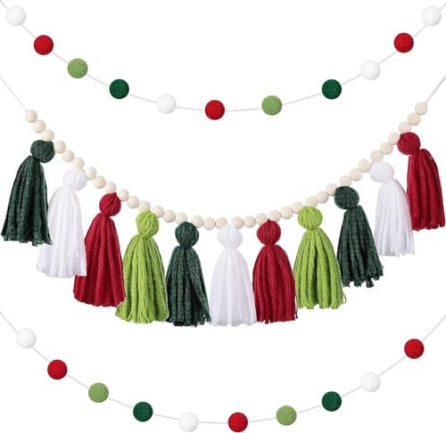 3 Stück Boho Quaste Girlande, Basicon Boho Quaste Garland Quaste Wandbehang Dekor Orange Quaste Banner mit Holzperlen und 2 Stück Pom Pom Girlande Filzkugel Girlande für Haus und Außendekoration