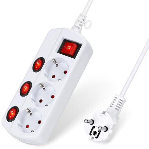 Aigostar Regleta 3 Tomas con interruptores individuales Blanco | Regleta con 3 interruptores individuales, cable de 1,4 m, protección contra sobretensiones, color blanco para hogar y oficina