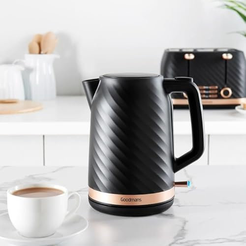 New Goodmans Wave Black & Rose Gold Kettle – 1.7L Fast Boiling Electric Kettle with One-Touch Lid, Overheat Protection A-96