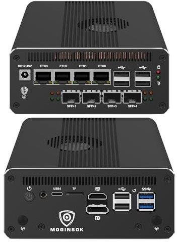 MOGINSOK 4x10Gbe Intel X710 SFP+ Micro Firewall Appliance Router con Intel 14th Gen Core Ultra 7 155H, AI MINI PC 96G DDR5 RAM 4TB M.2 PCIe SSD USB4 Supporto Pfsense|OPNsense|Openwrt|Windows