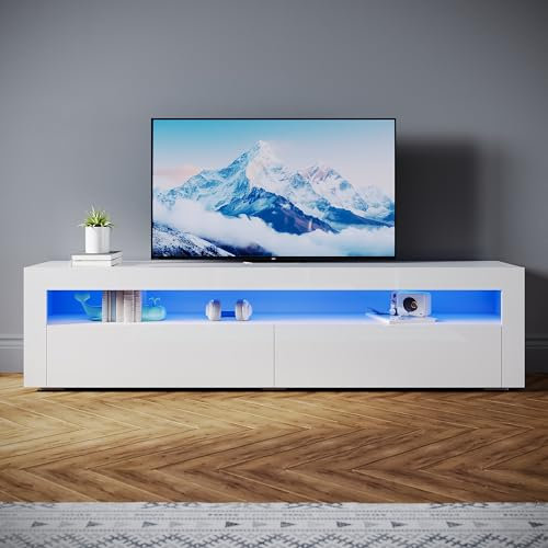 SONNI TV-Schrank Modern 180cm, Lowboard Hochglanz Weiß mit 16 Farben LED-Beleuchtung, 2 Schubladen, 2 Türen für Fernseher bis 65 Zoll, Fernsehtisch für Wohnzimmer & Schlafzimmer, 180x40x45cm.