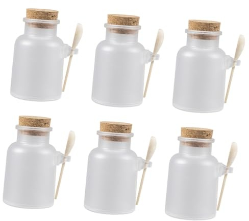 Toyvian 6 Sätze Nachfüllbare Kosmetikfläschchen mit Holzlöffel und Korkdeckel Mattierte Glasbehälter für Badezusatz Pudercremes Leichte Transparente Aufbewahrung für feine Substanzen und