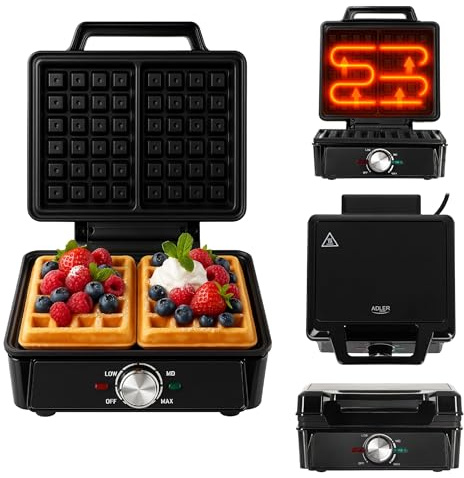 ADLER EUROPE Piastra per waffle belga, doppia waffle con regolazione della temperatura, 2000 W, rivestimento antiaderente e manico isolato termicamente, piastre riscaldanti profonde 9 cm x 14,5 cm