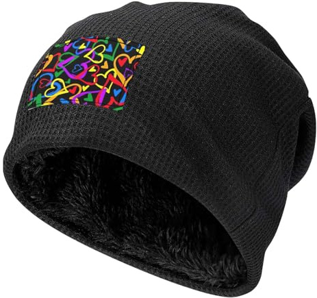JEJEA Gay Pride Mütze mit Regenbogen-Druck, Fleece-gefüttert, mit Bündchen, Beanie-Mütze, weich, warm, Skimütze, Unisex, kaltes Wetter, Schwarz , Einheitsgröße