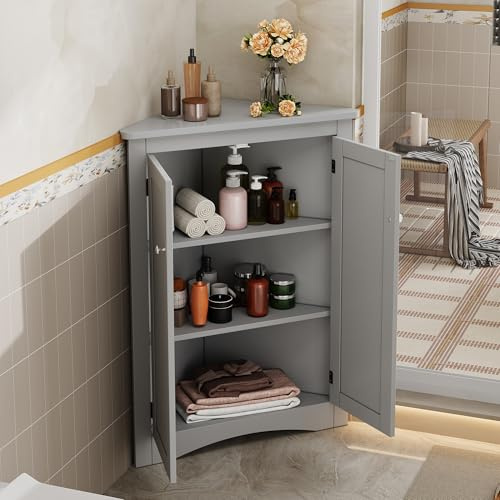 HMHKHN 61,5 x 90 cm Eckschrank, Badezimmerschrank, Badschrank, Freistehender 2-türiger Dreiecks-Schrank mit 3 Ebenen, Hochwertige MDF-Platte mit Lackierter Oberfläche für Bad, Küche(Grau)