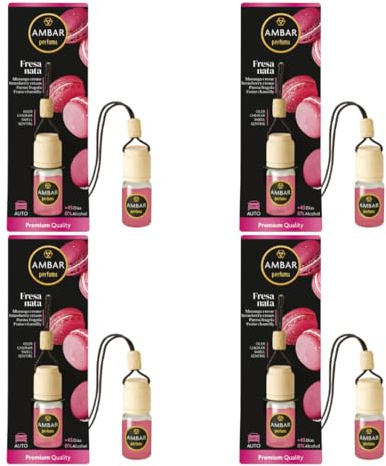 Ambientador Coche Fresa Nata Pack 4 – Difusor Colgante AMBAR Perfums, Fragancia Dulce y Cremosa, Duración +45 Días, 0% Alcohol, Botella de Vidrio con Tapón de Madera, Aroma Premium para Auto