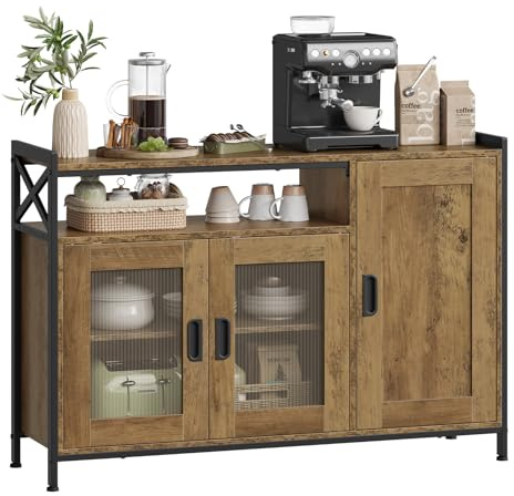 WOLTU Aparador Cocina de Almacenamiento, 3 Puertas, Estantes Ajustables, Mueble Auxiliar de Almacenaje para Cocina Salón y Comedor, Estructura Metal y Madera, 110x33x75 cm, Madera Marrón
