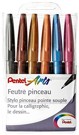 Pentel SES15C Brush Sign Pen Touch Feutres pinceaux à pointe souple 6 couleurs assorties Artist - Gris, marron, ocre, bleu clair, rose - Pochette de 6