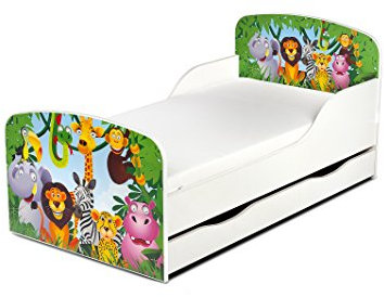 Leomark Einzelbett aus Holz - Zoo - Kinderbett mit Schubladen für Bettwäsche, Stauraum, Holzbett mit Matratze + Lattenrost, Komplett Set, Liegefläche 70/140 cm, UV-Druck