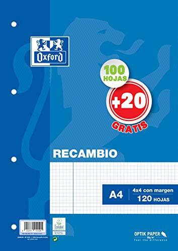 Oxford Classic, Recambio Hojas Sueltas, 120 Hojas, A4, Blanco