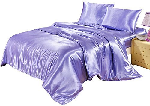 Panlom®- Satin Silk Soft Bedding Set Smooth Duvet Cover with Pillowcases (Purple, Single)