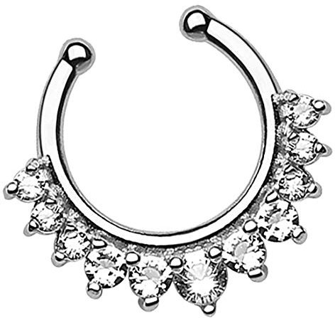 Taffstyle Piercing Fake Ring Tribal Strass Kristall Septum Tragus Helix Nase Lippe Ohr Hoop Clip On Ear Cuff Nasenring Nasenpiercing Silber Clear