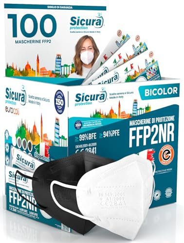 100 FFP2 Maske Schwarz und Weiß (50+50) Made in Italy SICURA BFE ≥99% 100 Stück Atemschutzmaske hygienische Einzelverpackung aus Italien CE-Kennzeichnung ohne Tinte gedruckt mit Clean-Effekt