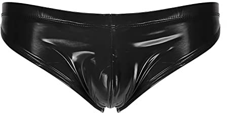 TiaoBug Herren Slip Tanga Unteräwsche Lederoptik Wetlook Männer Schwarz Unteräwsche Shorts Reißverschluss Unterhose Schwarz D XXL