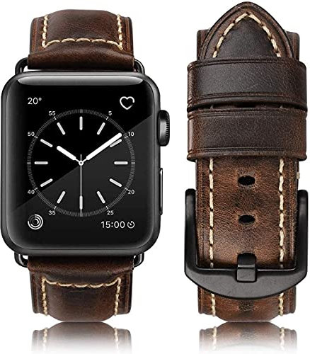 HUAFIY Compatibile Cinturino iWatch 42mm 44mm 45mm49mm, Pelle Nero per Donna Uomo per iwatch SE Serie 8/7/6/5/4/3/2 (42mm44mm45mm, pulsante nero caffè)