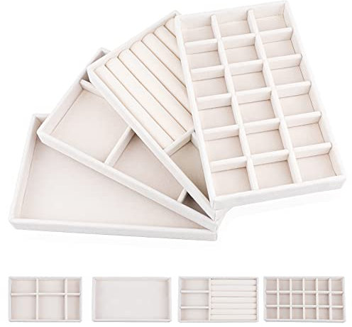 EXLECO 4er Schmucktablett Samt Schmuckaufbewahrung Aufnehmbar Schmuck Organizer Schublade Stapelbar Schmuckkästchen ersetzt für Damen Mädchen Ringe Ohrring Brosche Kette Anhänger Ring (Beige)