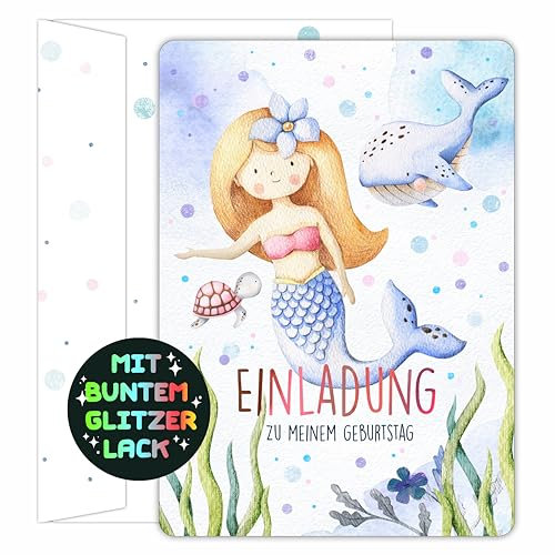 CALLUNA® 12 x Meerjungfrauen Einladung – mit Glitzerlack und süßen Versandhüllen –Einladung zur Meerjungfrauen Party – Geburtstagseinladung für Mädchen – Partyeinladungen – Meerjungfrau