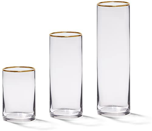 Set mit 3 Glasvasen in Zylinderform, 15,2 cm, 26,7 cm hoch, 8,9 cm breit, Goldrand, klares Glas, Hurrican-Kerzenhalter, Stumpenkerzenhalter, Blumenvase, Hochzeit, Tafelaufsatz, Weihnachten,