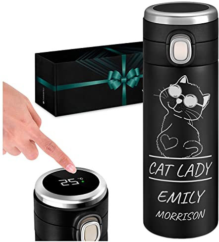 Maverton Engraved LED Thermal Tumbler for Women - Stylish Steel Made 400 ml Mug for Birthday - Engraved Travel Mug for Lady - Black Thermos for her - Coffee Mug for Mum - CAT