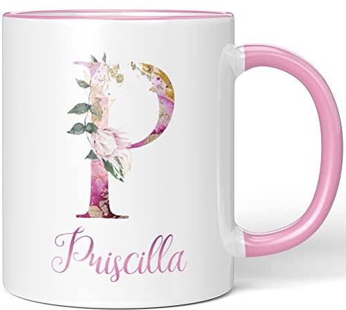 JUNIWORDS Tasse, Priscilla, Name Anfangsbuchstabe Initial Alphabet Floral Buchstabe P Monogramm Motiv, Rosa (5535220)