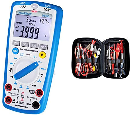 PeakTech 3690 – Digitales 5-in-1 Multimeter & Peak Tech P 8200 – Messzubehör Set für Digital Multimeter, Elektronik Sortiment mit Prüfkabel, Laborleitungen, Messleitungen, Krokodilklemmen
