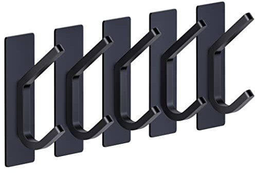 SAYONEYES Matte Black Self Adhesive Towel Hooks for Bathroom Wall Door Mounted - SUS304 Stainless Steel Strong Strips Stick on 3M Wall Hooks for Hanging Coat, Hat, Bag, Key, Jacket – 5 Pack