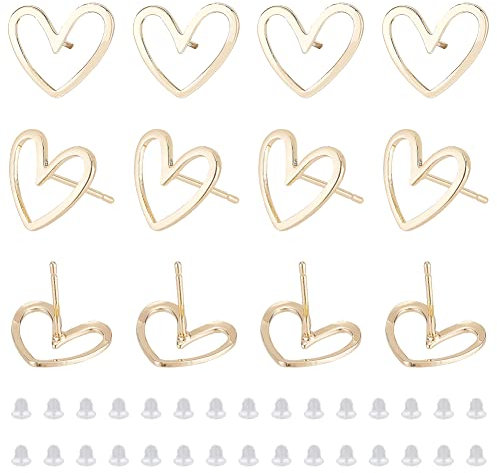 BENECREAT 16pcs Echte 18K Vergoldete Messingohrringe, Herzförmige Messingohrringe Einfache Ausgehöhlte Herz-Ohrringe Und 40 Kunststoff-Ohrstöpsel Für Schmuckherstellung, 13x11mm
