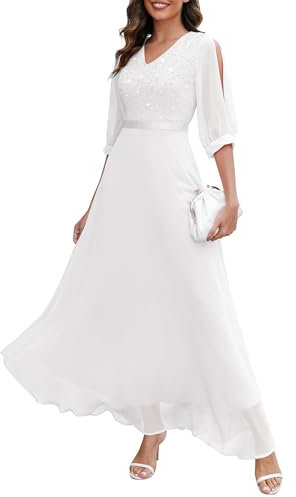 Wedtrend Brautmutter Anzug Damen Abendkleider Lang Weisses Cocktailkleid Lang Kleid mit Geteilte Ärmel Halbärmeliges Abendkleid WT0317 White S