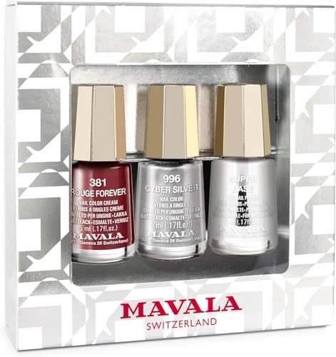 Mavala – Coffret Fabulous Vernis à Ongles Cyber – Rouge Iconique, Pailleté & Top Coat – Longue Tenue – Séchage Rapide – Application Facile – Formule Végane – Mini Color’s – 3 x 5 ml
