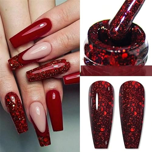 Gel Nail Polish 15ml,Sparkly Red Chunky Shimmer Iridescent Glitter Gel Polish Holographic Rainbow Effect UV LED Soak off Nail Polish Home DIY Manicure Nail Salon Gel for Nail Art Christmas Manicure