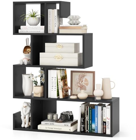 CASART 4-Tier S-Shaped Bookshelf, Wooden Geometric Storage Bookcase with Anti-Toppling Kits, Freestanding Shelving Unit Cube Display Unit for Living Room Study Home Office (Black)