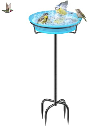 90,2 cm freistehendes Vogelbad für den Außenbereich, freistehendes Garten-Vogelbad mit Metallstab, abnehmbarer Dekorations-Vogelspender für Garten, Terrasse, Hof und Rasen, 4 Stachelfüße, Blau